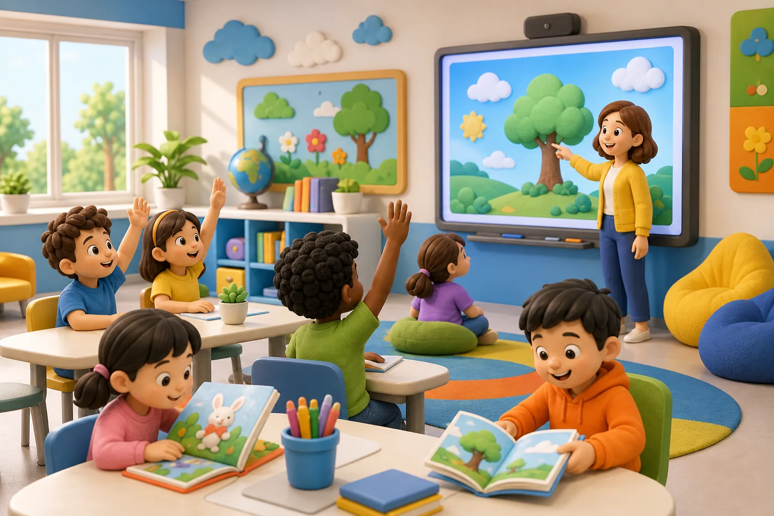 Children learning in a bright smart classroom